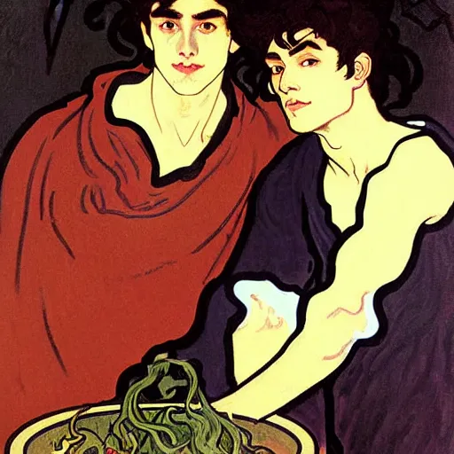 Image similar to painting of young cute handsome beautiful dark medium wavy hair man in his 2 0 s named shadow taehyung and cute handsome beautiful min - jun together at the halloween witchcraft ritual, bubbling cauldron, spells, autumn colors, elegant, modern clothing, soft facial features, delicate facial features, art by alphonse mucha, vincent van gogh, egon schiele