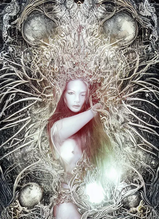 Image similar to glowing silver and golden elements, portrait, A beautiful dark witch in front of the full big moon, book cover, green forest, red white black colors, establishing shot, extremly high detail, foto realistic, cinematic lighting, pen and ink, intricate line drawings, by Yoshitaka Amano, Ruan Jia, Kentaro Miura, Artgerm, post processed, concept art, artstation, matte painting, style by eddie, raphael lacoste, alex ross