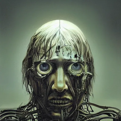 Image similar to surreal portrait of a man by Greg Rutkowski and H.R Giger, he is about 30 years old, messy long black hair, tired appearance, roman nose, peaceful but sad and resigned expression, martyred as a biomechanical transhuman cyborg god, eyes glow electric blue, cosmic void background, frightening, fascinating, highly detailed portrait, digital painting, book cover, artstation, concept art, smooth, sharp foccus ilustration, Artstation HQ.