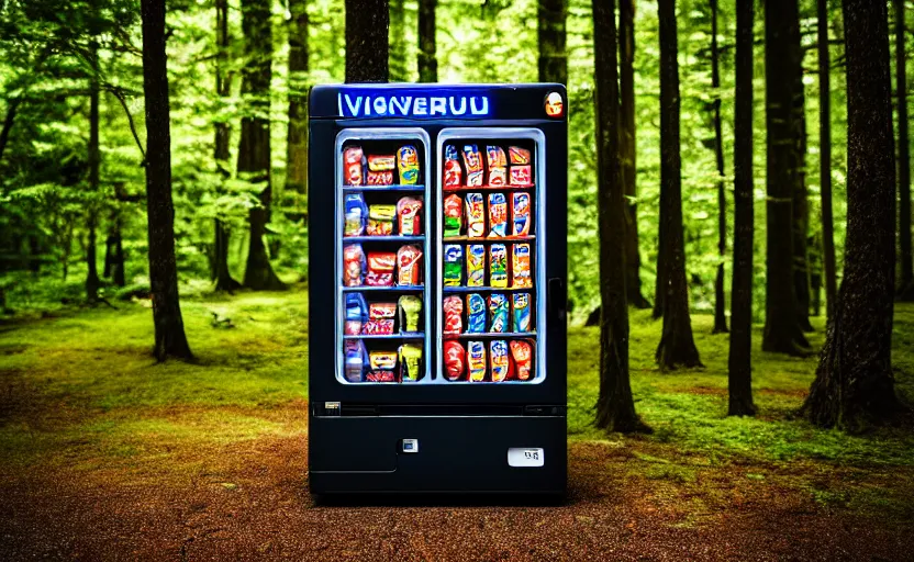 Image similar to photograph of Japanese vending machine in the middle of a forest, one point perspective, 1-point perspective, tilt shift, sigma 85mm f/1.4, 4k, depth of field, high resolution, 4k, 8k, hd, full color