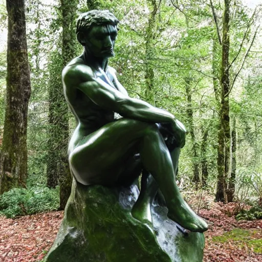 Prompt: The thinker sculpture by auguste rodin with mushrooms at the base , placed in a lush forest