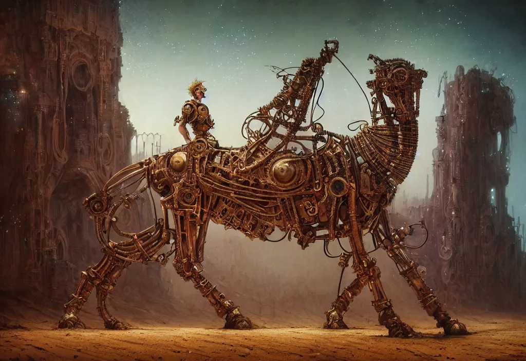 Image similar to A closeup human in arabian vestments performs a vivid magical ritual to resurrect a mechanical horse inside a ancient steel ruins are covered with barchans of sand. Art by Finnian MacManus, Simon Stalenhag, Arthur Rackham. Masterpiece, fantasy art, cinematic, hyperdetailed, photorealistic, postapocalyptic, steampunk, hyperrealism, octane render, 8k