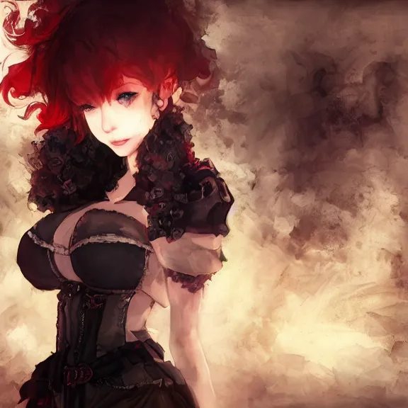 Image similar to christina hendricks!!! goth, tankoban, 4 k, tone mapping, akihiko yoshida, james jean andrei riabovitchev marc simonetti, yoshitaka amano, long hair, curly, h. hydrochaeri