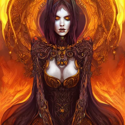 Image similar to a necromancer woman seated on her throne of sorcery and power with flames in her 2 eyes. by anna dittmann, trending on art station, intricate detail, highly detailed, atmospheric