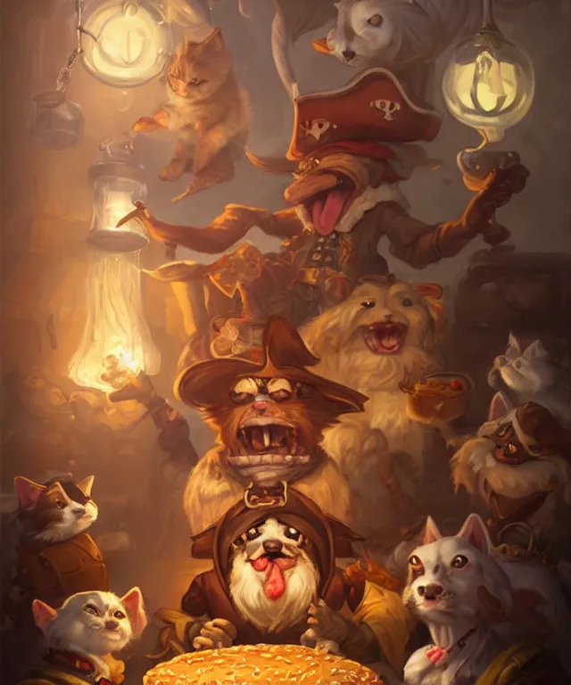 Image similar to a portrait of an anthropomorphic pirate dog eating hamburgers, standing in a restaurant surrounded by cats!, cute and adorable, dnd character art portrait, well rendered matte fantasy painting, deviantart artstation, by jason felix by steve argyle by tyler jacobson by peter mohrbacher, cinematic lighting