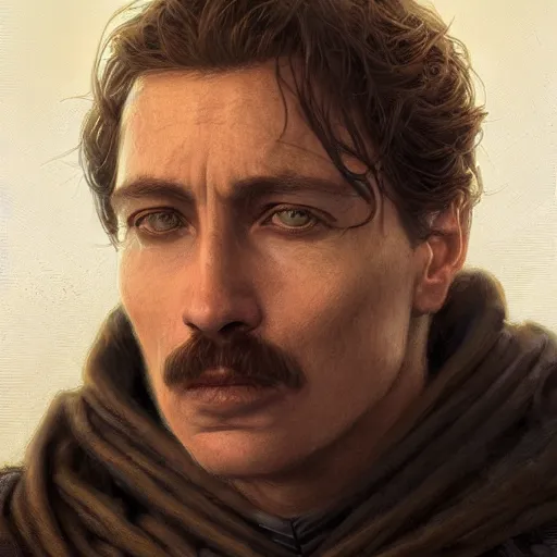 Image similar to paul atreides from dune, closeup portrait art by donato giancola and greg rutkowski, realistic face, digital art, trending on artstation, symmetry!!