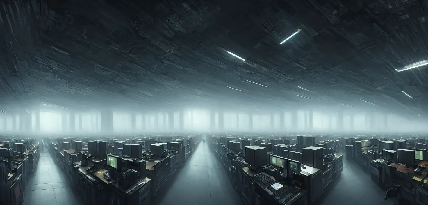 Image similar to computers, wired in, in a highly detailed server room with computers everywhere, cinematic view, epic sky, detailed, concept art, low angle, high detail, warm lighting, volumetric, godrays, vivid, beautiful, trending on artstation, by jordan grimmer, huge scene, art greg rutkowski