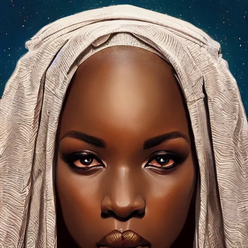 Image similar to african female, jedi master, wearing the traditional jedi robe, beautiful and uniquely odd looking, detailed symmetrical close up portrait, intricate complexity, in the style of artgerm and ilya kuvshinov, magic the gathering, star wars art