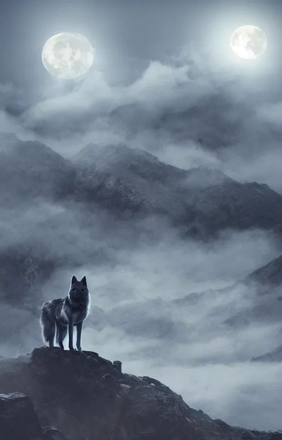 Image similar to a photograph of a wolf at full moon in a mountainous environment, full moon with fog and clouds, concept art, epic lighting, cinematographic