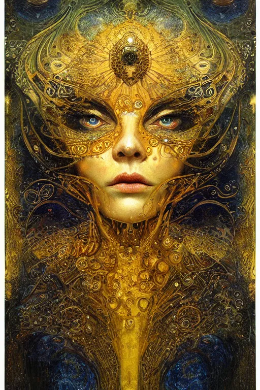 Prompt: Machinery of Fate by Karol Bak, Jean Deville, Gustav Klimt, and Vincent Van Gogh, otherworldly, fractal structures, arcane, prophecy, ornate gilded medieval icon, third eye, spirals