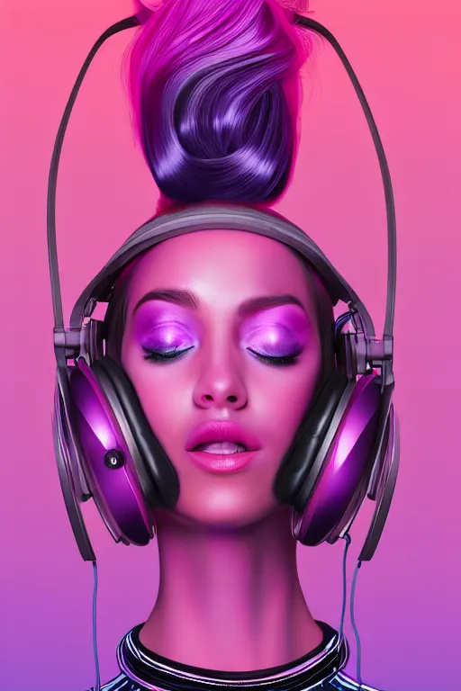 Image similar to a award winning half body portrait of a beautiful woman with stunning eyes in a croptop and cargo pants with ombre purple pink teal hairstyle with headphones on her ears by thomas danthony, surrounded by whirling illuminated lines, outrun, vaporware, shaded flat illustration, digital art, trending on artstation, highly detailed, fine detail, intricate