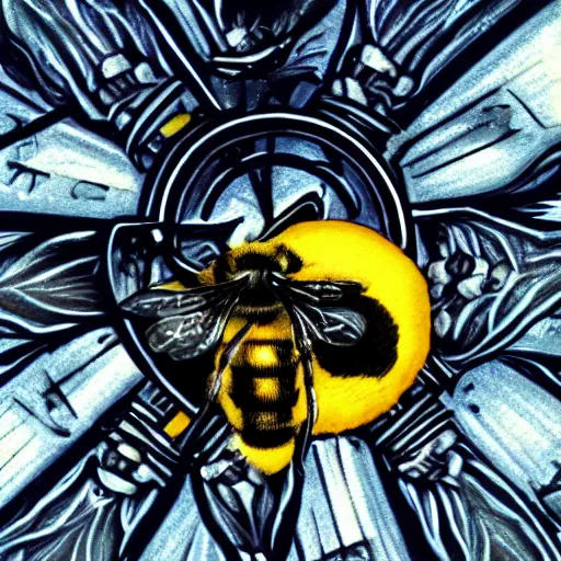 Image similar to a fierce dead bumblebee in the middle of the crosshairs of a gun, fantasy illustration, tarot