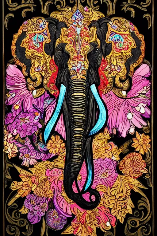 Image similar to Painted dark-wood panel relief carving of a Flowerpunk Matriarch Elephant, ornate border frame, explosion of colorful flowers, dark wood, intricately carved, black ink, festival of rich colors, intricate details, cinematic lighting, volumetric lighting, post-processing, art nouveau, by andreas rocha and john howe, and Martin Johnson Heade, featured on artstation, featured on behance, golden ratio, hyper detailed, photorealistic, epic composition, center spotlight, f32, well composed, UE5, 8k