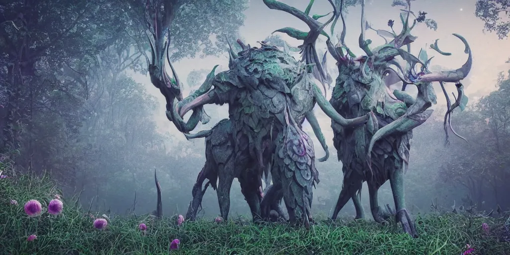 Image similar to a detailed 3 d render magical beast occult magick features in the style of beeple and ethnobotany and dark fantasy, 8 k, crisp, cg society, award winning art, dazzling, fascinating
