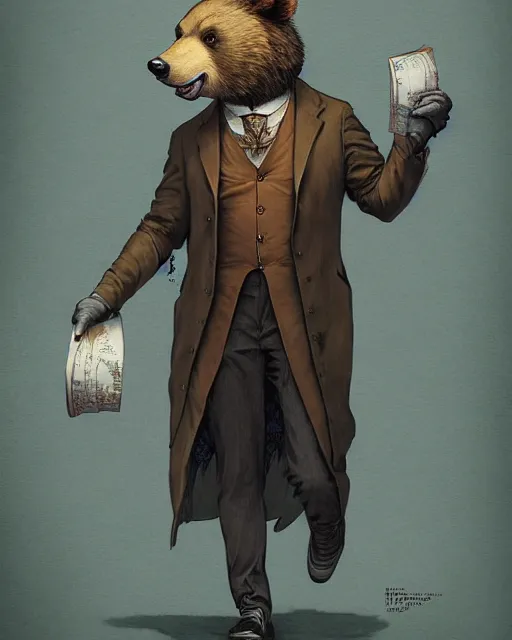 Prompt: anthropomorphic art of a detective bear, victorian inspired clothing by artgerm, victo ngai, ryohei hase, artstation. fractal papersand books. highly detailed digital painting, smooth, global illumination, fantasy art by greg rutkowsky, karl spitzweg