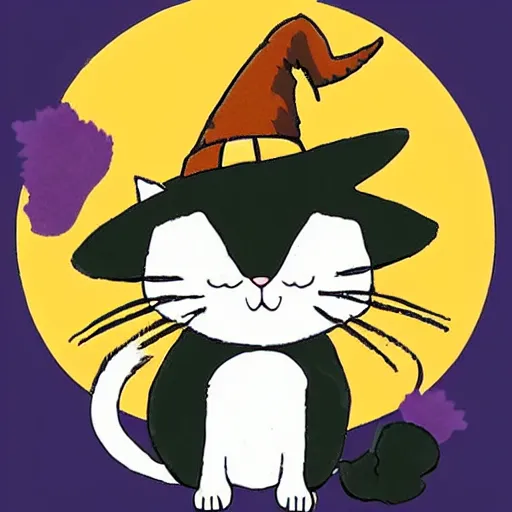 Image similar to very cute illustration of a cat wearing a witch hat, studio ghibli art style, warm fall colors