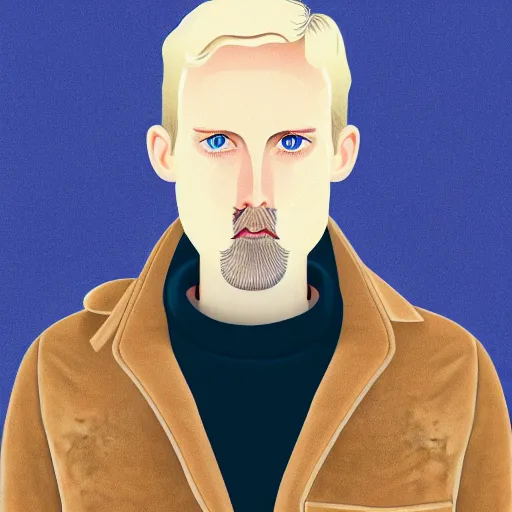 Image similar to A gangly british man, with short blond hair and short beard wearing a corduroy jacket and turtleneck , blue eyes, pale skin, English heritage, digital art, cartoon, mid-shot, 8k