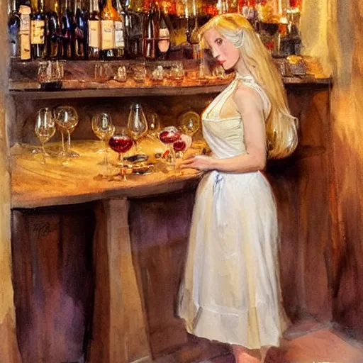 Image similar to beautiful blonde in hot dress in a wine cellar, food, pork, beer, schnapps, rustic, traditional, torches on the wall, watercolor by vladimir volegov and anders zorn, highly detailed, beautiful interior, masterpiece