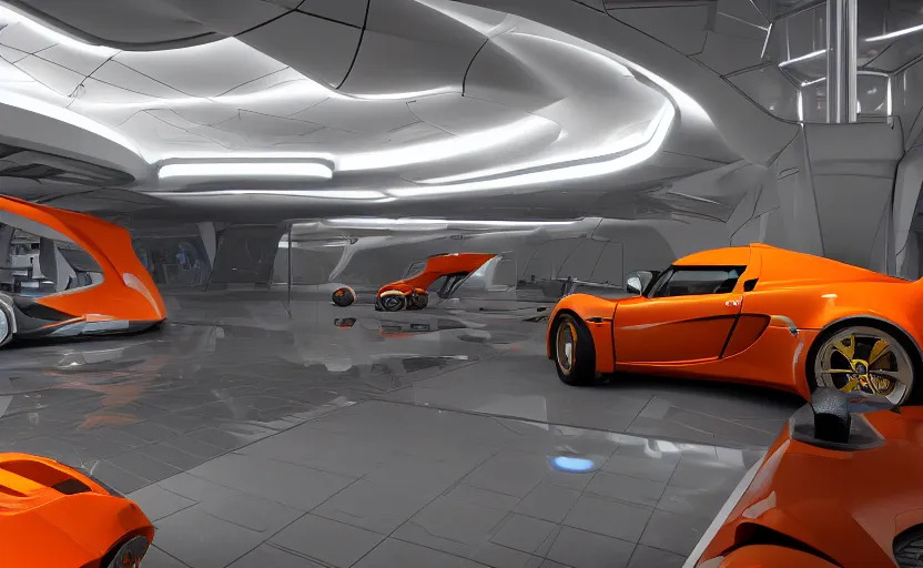 Image similar to futuristic lotus exige ( ( orange ) ) parked within interior view of futuristic auto showroom ( ( frank lloyd wright ) ) luminescent concept art, unreal engine 5, artstation highly detailed, digital art, 8 k hdr, soft lighting, hyperrealistic, godrays