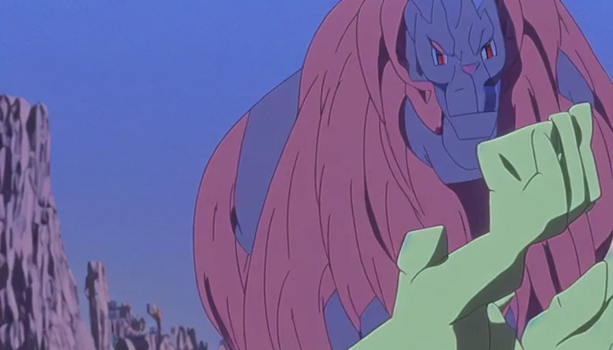 Prompt: pride rock from the lion king standing in tokyo - 3 in a long shot still from the anime neon genesis evangelion, 4 k, neon genesis evangelion official media, high quality, hideaki anno anime