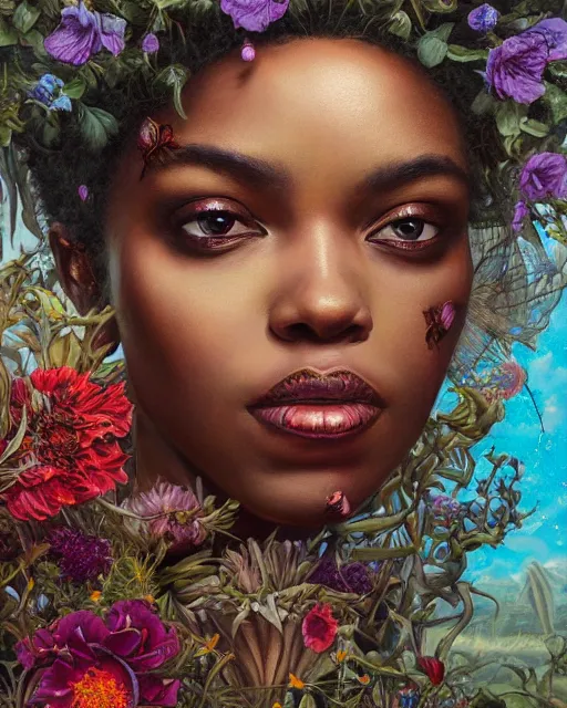 Image similar to portrait of the african queen of the underworld, surrounded by flowers by karol bak, james jean, tom bagshaw, rococo, sharp focus, trending on artstation, cinematic lighting, hyper realism, octane render, 8 k, hyper detailed.