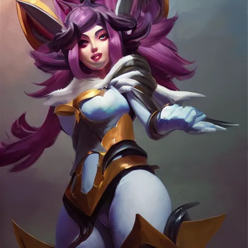 Image similar to greg manchess portrait painting of partially armored ahri from league of legends as overwatch character, medium shot, asymmetrical, profile picture, organic painting, sunny day, matte painting, bold shapes, hard edges, street art, trending on artstation, by huang guangjian, gil elvgren, ruan jia, randy vargas, greg rutkowski, gaston bussiere