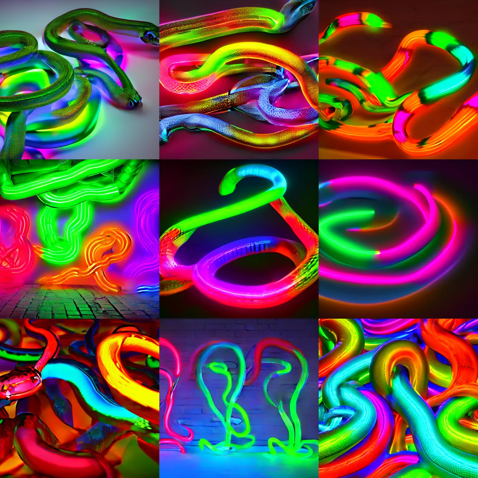 Prompt: neon colorful snakes as part of ouroboros, snake heads, tongue, 3d render, octane, rtx, ray-traced, denoised, ambient light, clear materials, caustics