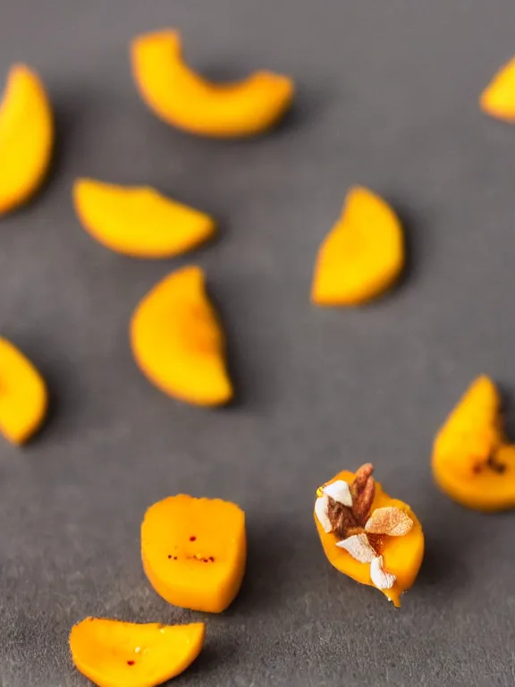 Prompt: miniature diorama of yogurt mango pieces macro