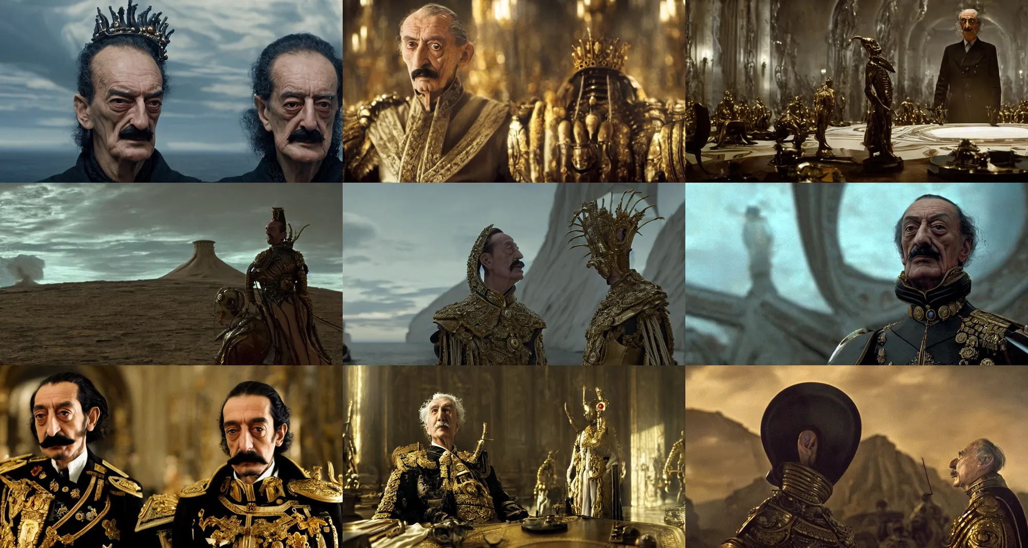 Prompt: the extreme long shot of arrogant salvador dali in the role of emperor | still frame from the prometheus movie by ridley scott with cinematogrophy of christopher doyle, anamorphic bokeh and lens flares, 8 k, higly detailed masterpiece