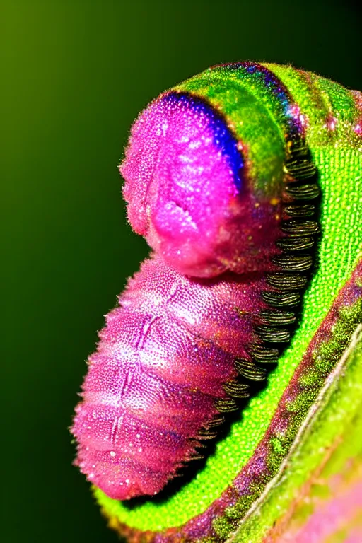 Image similar to high quality macro photo iridescent mutant caterpillar! cute highly detailed david ligare elson peter cinematic pink lighting high quality low angle hd 8k sharp shallow depth of field