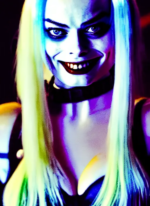 Prompt: 5 0 mm photo of beautiful suicide squad happy margot robbie with long white hair that looks like harley quinn standing on the wet street of dystopian gotham city at night, angry frown, seductive camisole, pinup, glamour fashion pose, watercolor, frank miller, moebius, jim lee, cinematic, ridley scott, lens flare, dramatic lighting, annie leibowitz