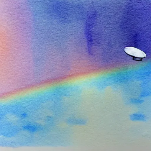 Image similar to low - angel view, from 1 0 0 0 meters in the distance, vague uap interstellar vehicle on top of an ephemeral rainbow in the sky, muted watercolor. minimalist, detailed, heavy under paint, muted colors. ue 5