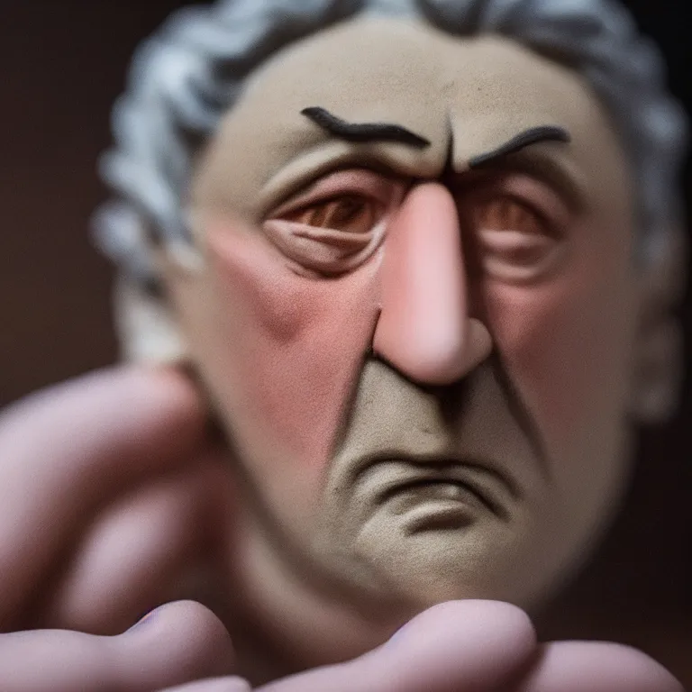 Image similar to a cinematic film still of a claymation stop motion film starring robert de niro, portrait, shallow depth of field, 8 0 mm, f 1. 8