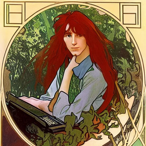 Image similar to a red-haired long-haired teenage boy sitting at a computer, jungle around him, painting by alphonse mucha, smooth sharp focus, point of view from behind him