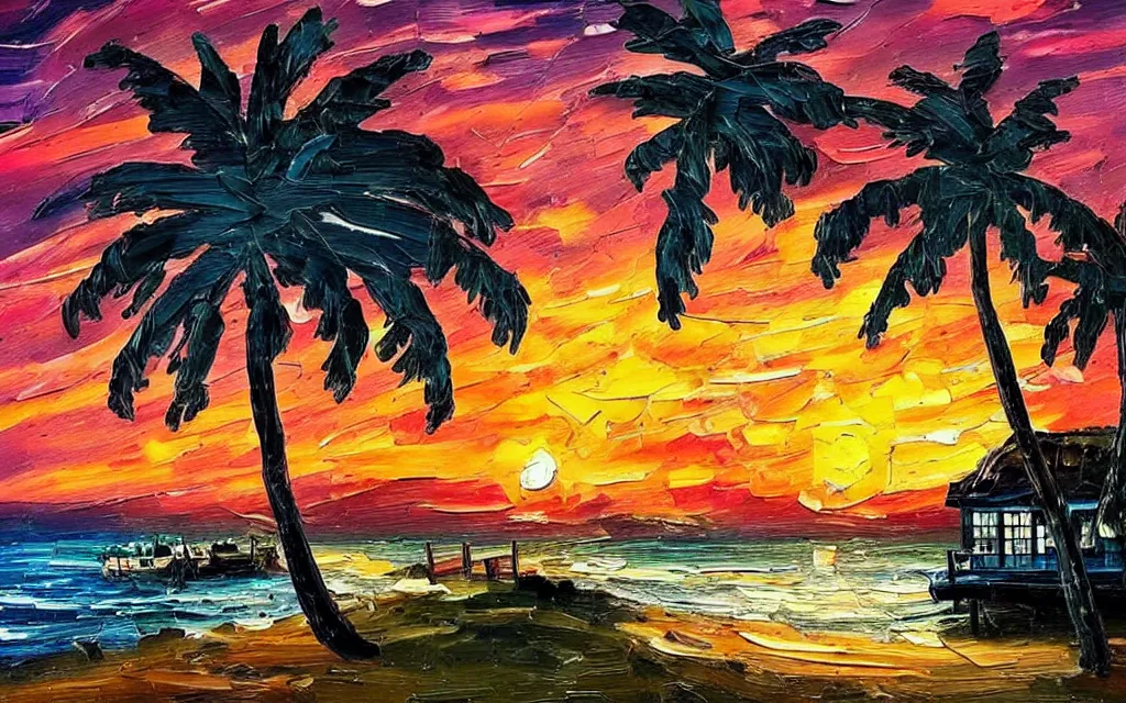 Prompt: a very very small island! with a paved patio, cute cozy large cottage!! with chairs and string lights!!!, palm trees, dark very late evening cloudy sunset, dramatic and dynamic lighting, thick brush strokes oil impasto painting