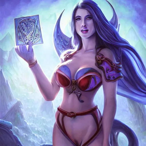 Image similar to Kaitlyn Michelle Siragusa, better known as Amouranth, full body portrait, Fantasy Magic the Gathering Card Artwork, Dungeons and Dragons, World of Warcraft, by Kevin Kev Walker, by Greg Staples, by Christopher Moeller, by Ron Spencer, by Daarken, by Carl Critchlow