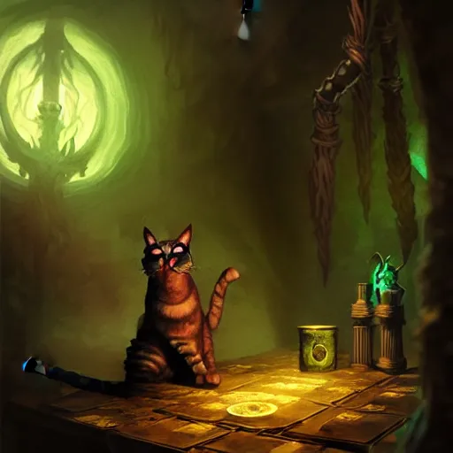 Image similar to Cat Witch, evil, brewing potion in witch Hut, magic the gathering artwork, horror, D&D, fantasy, cinematic lighting, centered, symmetrical, highly detailed, digital painting, artstation, concept art, smooth, sharp focus, illustration, volumetric lighting, epic Composition, 8k, art by Akihiko Yoshida and Greg Rutkowski and Craig Mullins, oil painting, cgsociety