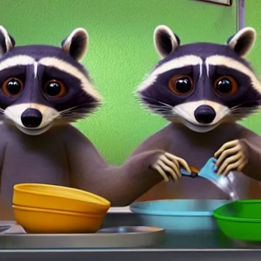 Prompt: two raccoons doing dishes, pixar style