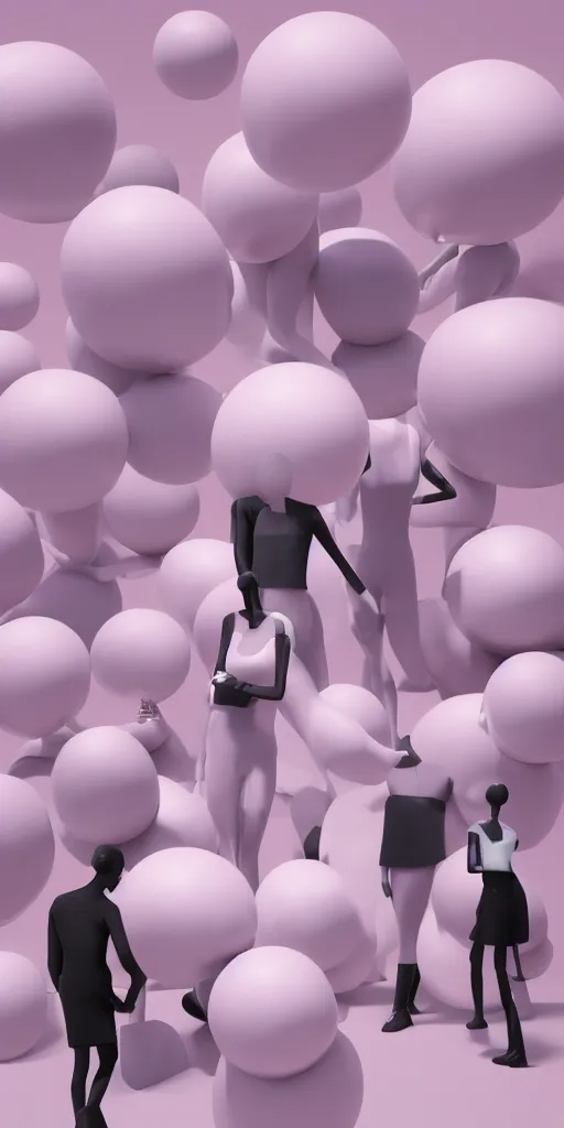 Image similar to 3d matte render, mannequins, dj rave party, Hsiao-Ron Cheng, balloons, pastel colors, hyper-realism, pastel, polkadots, minimal, simplistic, amazing composition, vaporwave, wow, Gertrude Abercrombie, Beeple, minimalistic graffiti masterpiece, minimalism, 3d abstract render overlayed, black background, psychedelic therapy, trending on ArtStation, ink splatters, pen lines, incredible detail, creative, positive energy, happy, unique, negative space, pure imagination painted by artgerm