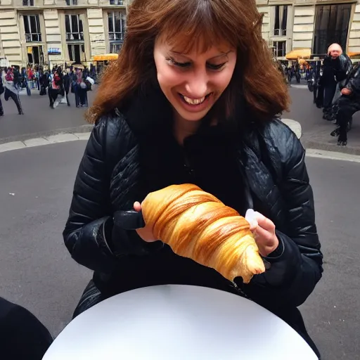 Prompt: dog eating croissants in paris, photo