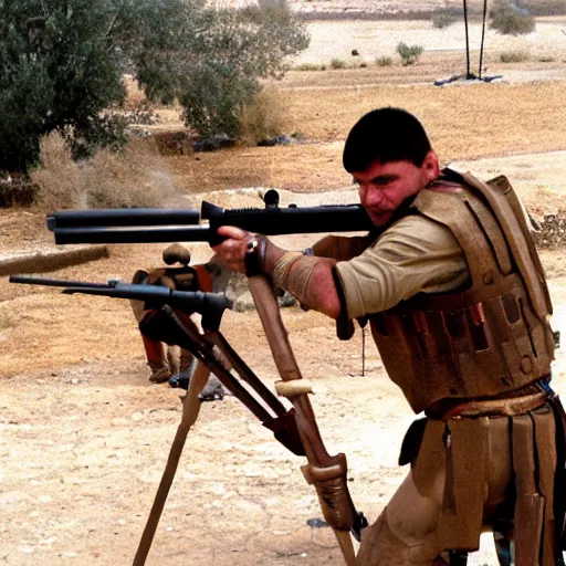 Prompt: roman legions shooting with rifles in iraq ( 2 0 0 3 )