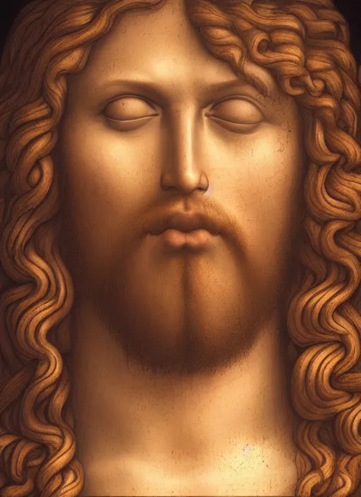 Prompt: jesus christ face, depiction of jesus, holy cross, 8 k, boticelli, an amazing portrait of jesus, leonardo da vinci, mattepainting, cryengine, artstation, heaven color scheme, holy lights