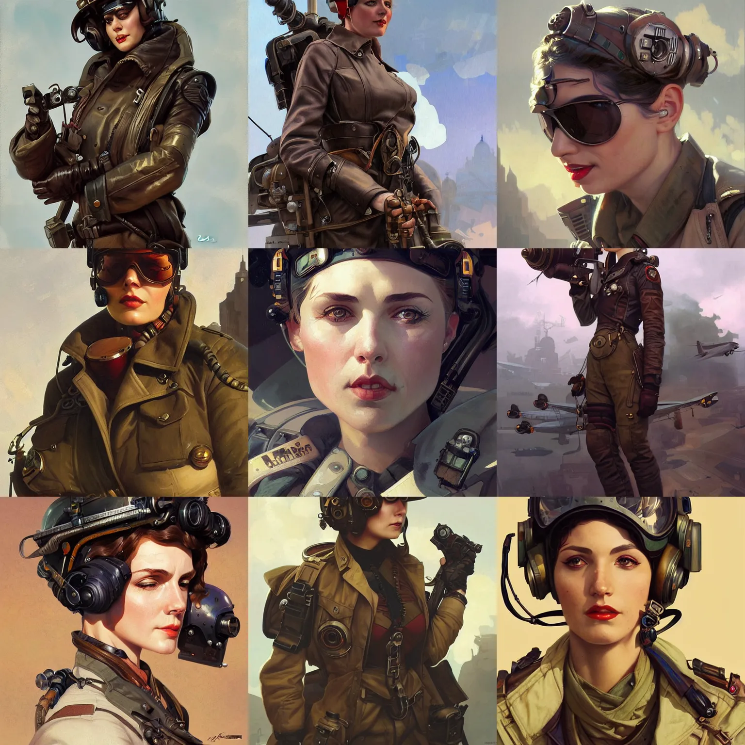 Image similar to dieselpunk pilot, portrait, highly detailed, digital painting, artstation, concept art, sharp focus, illustration, art by artgerm and greg rutkowski and alphonse mucha