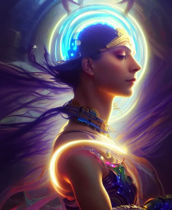 Image similar to a whirlwind of souls rushing inside the metaverse, half body, glowin eyes, tiara with sapphire, pharaoh, android, cyberpunk, d & d, fantasy, intricate, elegant, highly detailed, colorful, vivid color, digital painting, artstation, concept art, art by artgerm and greg rutkowski and alphonse mucha and ruan jia