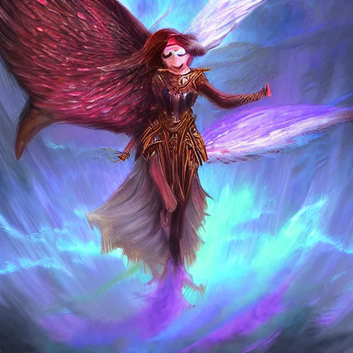 Prompt: a winged fantasy warrior flying through a magical realm, digital painting, male
