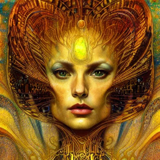 Image similar to Visions of Hell by Karol Bak, Jean Deville, Gustav Klimt, and Vincent Van Gogh, beautiful visionary mystical portrait, otherworldly, fractal structures, ornate gilded medieval icon, third eye, spirals