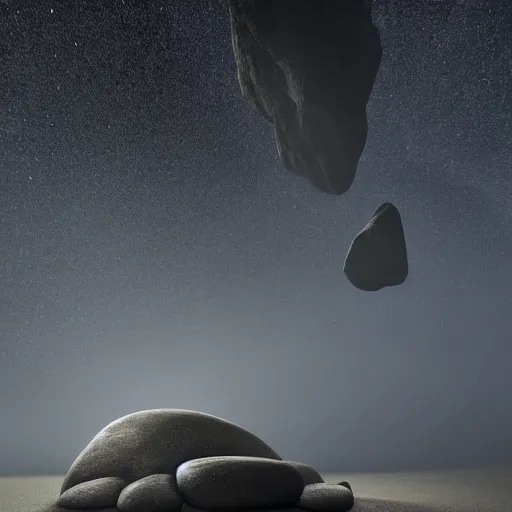 Prompt: a large boulder rock with a metallic finish is embedded in a circular matte black industsrial stage in the center of a dark space, a ring of overhead lights cast onto the rock and it throws caustic reflections into space, low misty atmosphere, hyper realistic image in the style of jeremy geddes but photo real, dark black space, 8k octane render