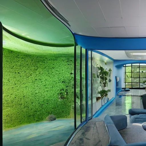 Image similar to a large blue futuristic room, startrek style, filled with plants, vegetation, rocks and a swimming pool.