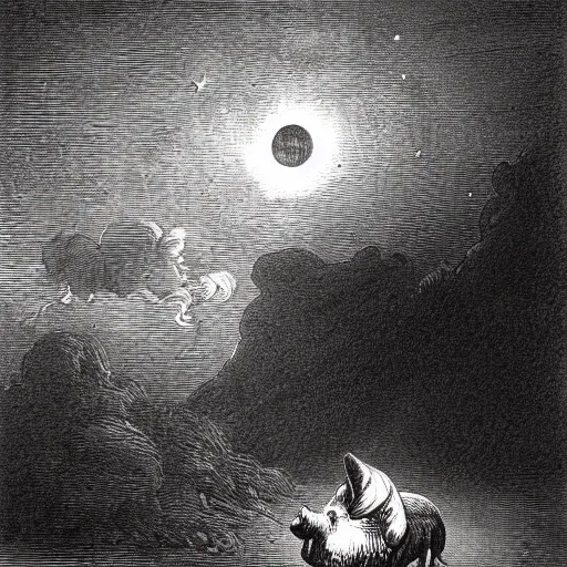 Image similar to pig in a tuxedo coming out of a barn, dark, moon, dark clouds, high detail, dramatic light, drawing gustave dore