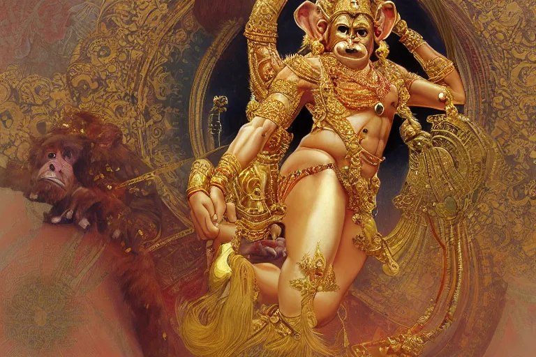 Prompt: award winning full body portrait of a beautiful ornated hanuman god, detailed monkey face, golden crown, horizontally leaping!!!, legs stretched!!! intricate, elegant, highly detailed, digital painting, artstation, concept art, smooth, sharp focus, digital illustration, art by krenz cushart and artem demura and alphonse mucha